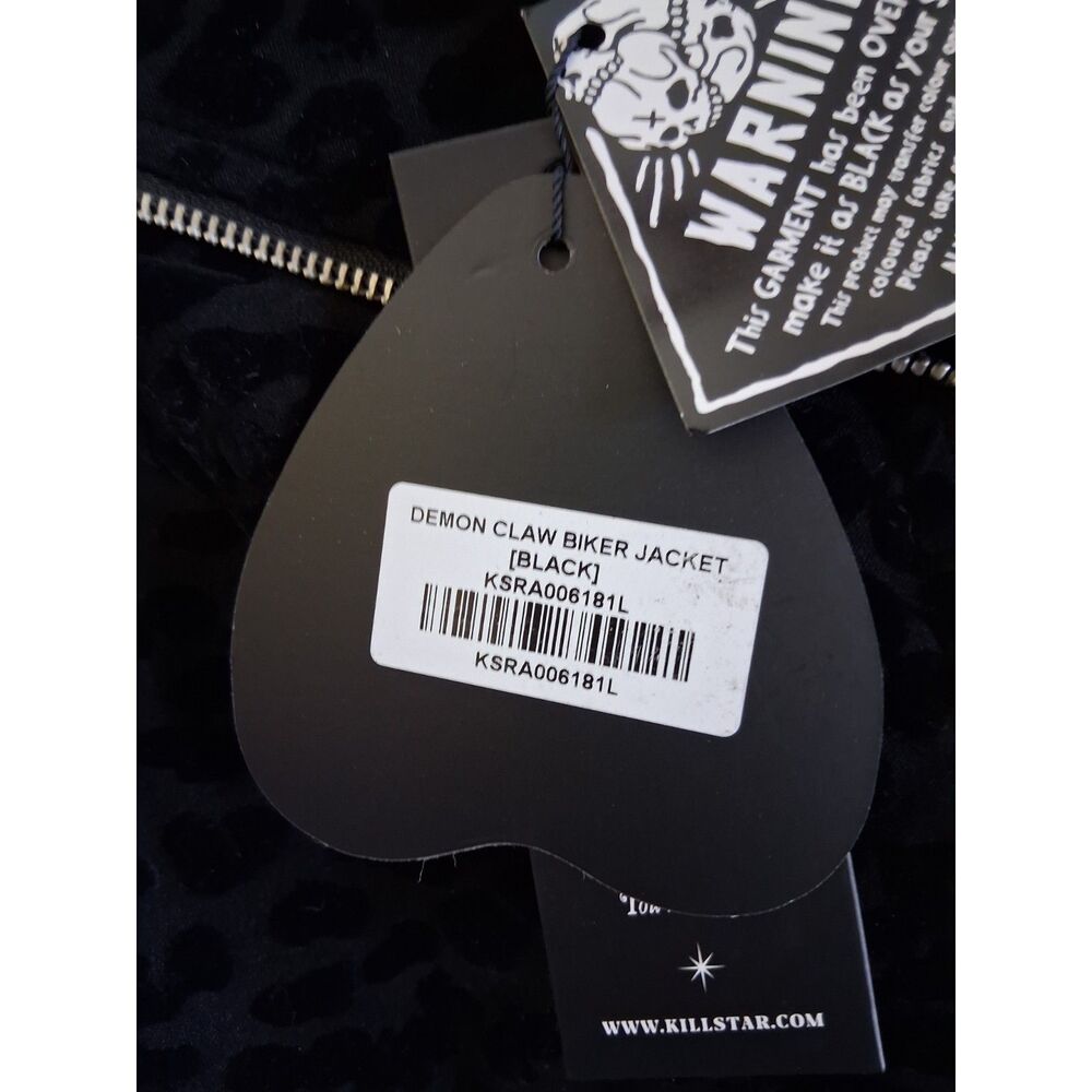 Killstar Sz Lg Claw Black Biker Cropped Jacket Flocked Leopard Print Goth New - Picture 7 of 12
